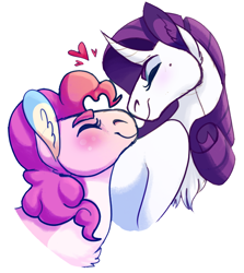 Size: 696x780 | Tagged: safe, artist:horsepowerred, pinkie pie, rarity, earth pony, pony, unicorn, blushing, colored ears, curved horn, ear fluff, eyes closed, female, heart, lesbian, mare, nuzzling, raripie, shipping, simple background, smiling, white background