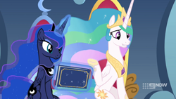 Size: 1920x1080 | Tagged: safe, screencap, princess celestia, princess luna, alicorn, pony, memories and more, spoiler:memories and more, spoiler:mlp friendship is forever, canterlot, female, mare, scrapbook, throne, throne room