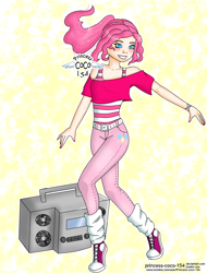 Size: 1936x2552 | Tagged: safe, artist:princess-coco-154, pinkie pie, human, 80s, abstract background, clothes, dancing, female, humanized, radio, solo