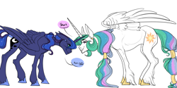 Size: 2000x1000 | Tagged: safe, artist:snowberry, prince artemis, prince solaris, princess celestia, princess luna, alicorn, pony, blushing, brothers, duo, femboy, jewelry, male, regalia, royal brothers, rule 63, siblings, simple background, sketch, stallion, unshorn fetlocks, white background