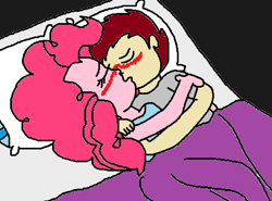 Size: 484x358 | Tagged: safe, artist:logan jones, pinkie pie, oc, oc:logan berry, equestria girls, bed, blanket, blushing, clothes, female, hug, kissing, loganpie, making out, male, ms paint, pajamas, pillow, straight