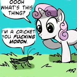 Size: 945x945 | Tagged: safe, artist:digitalpheonix, artist:megasweet, sweetie belle, insect, pony, unicorn, animal, colored, cricket (insect), dialogue, female, filly, grass, retsupurae, solo, sweetie fail, sweetiedumb, vulgar