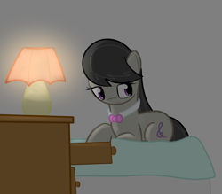 Size: 764x669 | Tagged: safe, artist:erthilo, octavia melody, earth pony, pony, ask octavia, bed, female, lamp, looking sideways, mare, prone, solo