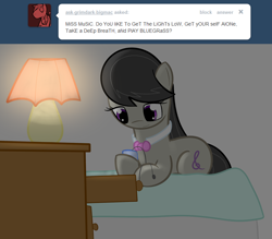 Size: 764x669 | Tagged: safe, artist:erthilo, octavia melody, earth pony, pony, ask octavia, bed, earbuds, female, lamp, mare, prone, solo