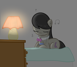 Size: 764x669 | Tagged: safe, artist:erthilo, octavia melody, earth pony, pony, ask octavia, bed, earbuds, eyes closed, female, lamp, mare, prone, solo