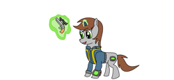 Size: 1594x736 | Tagged: safe, artist:amateur-draw, oc, oc only, oc:littlepip, pony, unicorn, fallout equestria, 1000 hours in ms paint, bad anatomy, fallout, fanfic, fanfic art, female, glowing horn, gun, handgun, little macintosh, magic, mare, ms paint, pipbuck, revolver, simple background, solo, telekinesis, vault suit, weapon, white background