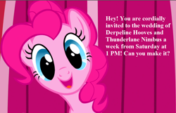 Size: 1134x729 | Tagged: safe, edit, edited screencap, screencap, pinkie pie, earth pony, pony, applebuck season, bronybait, cropped, cute, diapinkes, happy, implied derpy, implied shipping, implied straight, implied thunderlane, implied thunderplane, implied wedding, invitation, text