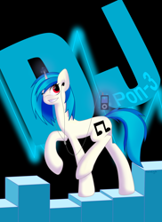 Size: 2550x3509 | Tagged: safe, artist:tralalayla, dj pon-3, vinyl scratch, pony, unicorn, ear plugs, grin, ipod, mp3 player, one eye closed, raised hoof, raised leg, smiling, solo, wink