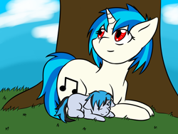 Size: 1600x1200 | Tagged: safe, artist:jolliapplegirl, dj pon-3, vinyl scratch, oc, oc:serenade, pony, unicorn, family, female, foal, mother and child, mother and son, next generation, offspring, parent and child, parent:neon lights, parent:vinyl scratch, parents:vinylights, red eyes, tree, wrong eye color