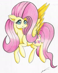 Size: 1573x1969 | Tagged: safe, artist:luxiwind, fluttershy, pegasus, pony, big hair, female, flying, mare, simple background, solo, traditional art, white background