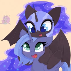 Size: 1024x1024 | Tagged: safe, artist:zokkili, nightmare moon, princess celestia, princess luna, alicorn, pony, :3, bat wings, colored pupils, cream background, cute, duality, duo, female, filly, lunabetes, moonabetes, nicemare moon, open mouth, pink-mane celestia, ponies riding ponies, riding, self ponidox, wings, woona, younger