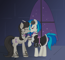 Size: 4000x3685 | Tagged: safe, artist:sparkleshadow, dj pon-3, octavia melody, vinyl scratch, earth pony, pony, unicorn, vampire, vampony, alternate universe, bowtie, choker, clothes, cute, dress, eyes closed, female, french maid, kissing, lesbian, maid, mare, night, scratchtavia, shipping, tattoo, tavibetes, vinylbetes