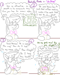 Size: 4779x6013 | Tagged: safe, artist:adorkabletwilightandfriends, octavia melody, earth pony, pony, comic:adorkable twilight and friends, absurd resolution, adorkable, adorkable friends, blushing, cafe, comic, cute, dork, eeee, embarrassed, food, humor, lineart, offscreen character, slice of life, spill, tavi, tea, wet