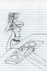 Size: 3989x6012 | Tagged: safe, artist:happyb0y95, dj pon-3, vinyl scratch, human, absurd resolution, clothes, female, headphones, humanized, lined paper, monochrome, music notes, pencil drawing, sketch, solo, traditional art, turntable