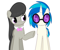 Size: 900x750 | Tagged: safe, artist:erthilo, dj pon-3, octavia melody, vinyl scratch, earth pony, pony, unicorn, ask octavia, duo, duo female, female, mare, raised hoof, simple background, sunglasses, white background