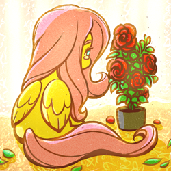 Size: 1929x1929 | Tagged: safe, artist:sigpi, fluttershy, pegasus, pony, cute, female, flower, folded wings, leaf, looking at something, mare, petals, potted plant, rose, shyabetes, sitting, solo, teary eyes, wings