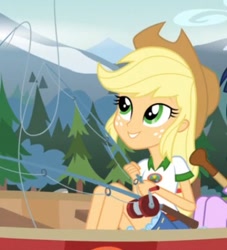 Size: 373x410 | Tagged: safe, screencap, applejack, equestria girls, legend of everfree, canoe, cropped, fishing, fishing rod