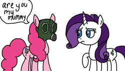 Size: 1920x1080 | Tagged: safe, artist:cherry1cupcake, pinkie pie, rarity, earth pony, pony, unicorn, doctor who, gas mask, mask, rarity is not amused, the empty child, unamused