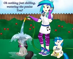 Size: 3117x2520 | Tagged: safe, artist:poseidonathenea, dj pon-3, octavia melody, vinyl scratch, pony, equestria girls, chips, eating, food, garden hose, human ponidox, makeup, octavia is not amused, phone, pony pet, potato chips, running makeup, self ponidox, shoes, sneakers, unamused, watering