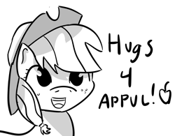 Size: 1790x1396 | Tagged: safe, artist:artiks, applejack, earth pony, pony, apple, appul, cute, dialogue, female, food, grayscale, hugs needed, jackabetes, looking at you, mare, monochrome, simple background, smiling, solo, talking to viewer, that pony sure does love apples, white background