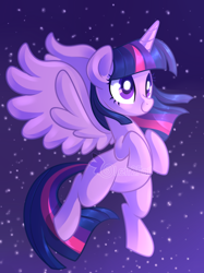 Size: 1280x1707 | Tagged: safe, artist:drawntildawn, derpibooru import, twilight sparkle, twilight sparkle (alicorn), alicorn, pony, flying, missing cutie mark, solo, stars, watermark