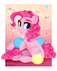 Size: 4969x6240 | Tagged: safe, artist:eiirine, pinkie pie, earth pony, pony, abstract background, absurd resolution, balloon, cute, diapinkes, ear fluff, female, looking at you, mare, open mouth, sitting, smiling, solo