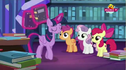 Size: 1280x717 | Tagged: safe, derpibooru import, screencap, apple bloom, scootaloo, sweetie belle, twilight sparkle, twilight sparkle (alicorn), alicorn, pony, the fault in our cutie marks, book, cutie mark, cutie mark crusaders, female, filly, minimini, the cmc's cutie marks