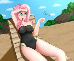 Size: 1280x1047 | Tagged: safe, alternate version, artist:focusb, fluttershy, bird, human, equestria girls, armpits, breasts, chair, clothes, explicit source, female, humanized, one-piece swimsuit, open mouth, sitting, solo, swimsuit