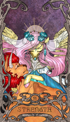 Size: 822x1425 | Tagged: safe, artist:sourcherry, fluttershy, manny roar, manticore, pegasus, pony, clothes, ear piercing, earring, flower, hooves, jewelry, major arcana, modern art, nouveau, piercing, tarot, tarot card, wings