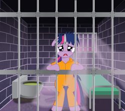 Size: 947x843 | Tagged: safe, artist:spellboundcanvas, derpibooru import, twilight sparkle, bed, clothes, horn cap, magic suppression, messy mane, prison, prison outfit, prisoner, prisoner ts, sad, toilet, window