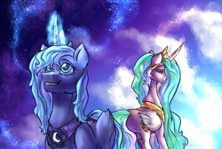 Size: 1600x1076 | Tagged: safe, artist:not-ordinary-pony, princess celestia, princess luna, alicorn, pony, alternate universe, crown, duo, female, folded wings, glowing horn, horn, implied daybreaker, jewelry, mare, peytral, regalia, s1 luna, sad, smiling, twilight (astronomy), wings