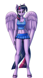 Size: 1501x2742 | Tagged: safe, artist:skorpionletun, derpibooru import, twilight sparkle, twilight sparkle (alicorn), alicorn, anthro, unguligrade anthro, clothes, grin, legs, midriff, miniskirt, pleated skirt, simple background, skirt, smiling, solo, tanktop, transparent background, unshorn fetlocks