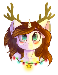 Size: 861x1123 | Tagged: dead source, safe, artist:freckleplant, oc, oc only, deer, pony, reindeer, semi-anthro, unicorn, antlers, blushing, bust, christmas lights, commission, eye clipping through hair, looking at you, portrait, simple background, solo, white background