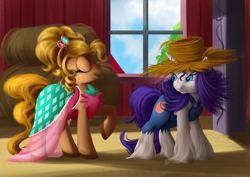 Size: 4092x2893 | Tagged: safe, artist:ailatf, applejack, rarity, earth pony, pony, unicorn, simple ways, absurd resolution, applejewel, barn, clothes, dress, duo, eyes closed, female, hat, looking back, mare, overalls, rarihick, scene interpretation, smiling, straw hat, unshorn fetlocks