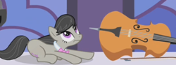 Size: 335x125 | Tagged: safe, screencap, octavia melody, earth pony, pony, the best night ever, cello, cropped, looking up, musical instrument, prone, solo