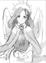 Size: 542x740 | Tagged: safe, artist:dagmell, fluttershy, human, rabbit, black and white, blushing, clothes, female, grayscale, humanized, looking at you, majestic, monochrome, sitting, smiling, solo, winged humanization, wings