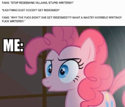 Size: 1116x956 | Tagged: safe, edit, edited screencap, screencap, lightning dust, pinkie pie, earth pony, pony, party of one, the washouts (episode), drama, fandom, hypocrisy, hypocrisy and stupidity in the comments, irony, lightning dust drama, meta, nothing to see here, op has a point, redemption, text, truth, vulgar, wtf face