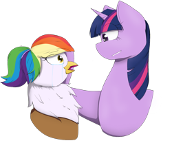 Size: 1280x1063 | Tagged: safe, artist:terese, derpibooru import, twilight sparkle, oc, oc:rainbow feather, comforting, crush, crying, head pat, interspecies offspring, magical lesbian spawn, offspring, parent:gilda, parent:rainbow dash, parents:gildash