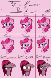 Size: 2800x4250 | Tagged: safe, artist:starmaster, pinkie pie, earth pony, pony, angry, bemused, crazy face, disinterested, expressions, faic, happy, pinkamena diane pie, practice, sad, smiling, solo, tsundere