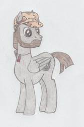 Size: 668x1000 | Tagged: safe, artist:agentappleblanket, oc, oc only, oc:leadhoof, pegasus, pony, 2017 community collab, beard, camouflage, derpibooru community collaboration, facial hair, hat, jewelry, necklace, pencil drawing, shotgun shell, simple background, solo, traditional art, white background