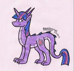 Size: 1024x977 | Tagged: safe, artist:skywalkergirl666, derpibooru import, twilight sparkle, dragon, unicorn, dragonified, signature, simple background, smiling, solo, species swap, traditional art, twilidragon