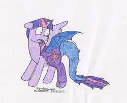 Size: 1024x835 | Tagged: safe, artist:skywalkergirl666, derpibooru import, twilight sparkle, twilight sparkle (alicorn), alicorn, draconequus, pony, colored pencil drawing, discord sparkle, draconequified, simple background, solo, species swap, traditional art, transformation, twikonequus