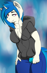 Size: 6600x10200 | Tagged: safe, artist:lula-moonarts, dj pon-3, vinyl scratch, anthro, absurd resolution, breasts, cleavage, clothes, earbuds, female, hoodie, ipod, pants, solo