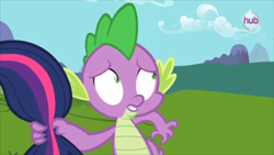 Size: 1366x768 | Tagged: safe, derpibooru import, screencap, spike, twilight sparkle, dragon, keep calm and flutter on, hub logo, offscreen character, tail, tail pull