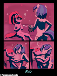 Size: 1080x1440 | Tagged: safe, artist:renabu, dj pon-3, pacific glow, vinyl scratch, earth pony, pony, semi-anthro, comic:first drop, accessories, comic, drug use, drugs, female, heart, kissing, lesbian, nudity, offscreen character, pigtails, plot, raised tail, sitting, straddling, tail