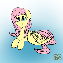 Size: 1000x1000 | Tagged: safe, artist:scribblescribe, fluttershy, pegasus, pony, female, flat colors, gradient background, mare, prone, signature, smiling, solo, spread wings, three quarter view, wings