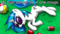 Size: 1600x900 | Tagged: safe, artist:johnjoseco, dj pon-3, vinyl scratch, pony, unicorn, ball, beach ball, caption, cup, drunk, female, grass, katy perry, last friday night, lying down, mare, on side, open mouth, passed out, plastic cup, red solo cup, sleeping, solo, song reference, sunglasses