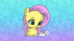 Size: 800x450 | Tagged: safe, artist:sugarheartart, angel bunny, fluttershy, pegasus, pony, abstract background, chibi, cute fuel