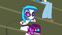 Size: 854x480 | Tagged: safe, screencap, dj pon-3, valhallen, vinyl scratch, equestria girls, friendship games, bag, chs rally song, clothes, glasses, leggings, pants, shoes, skirt, sunglasses