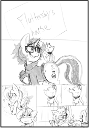 Size: 1280x1829 | Tagged: safe, artist:purplekitsune21, fluttershy, oc, oc:vixen spell, pegasus, pony, comic, monochrome